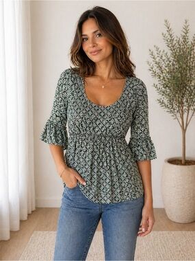 Max Studio Green Printed Scoop-Neck Tunic Size Medium